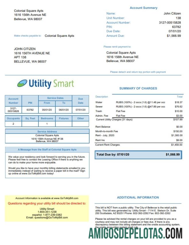Em branco modelo de conta de serviços públicos inteligente dos EUA Arizona em formato Word e PDF (.doc e .pdf)